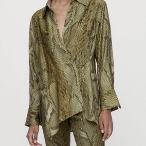 Massimo Dutti Snake Print Wrap Blouse - Olive/Tan Size US 6